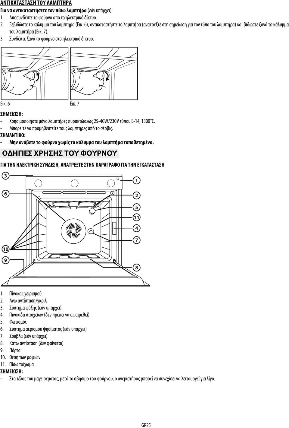 7 ΣΗΜΕΙΩΣΗ: - Χρησιμοποιήστε μόνο λαμπτήρες πυρακτώσεως 25-40W/230V τύπου E-14, T300 C. - Μπορείτε να προμηθευτείτε τους λαμπτήρες από το σέρβις.