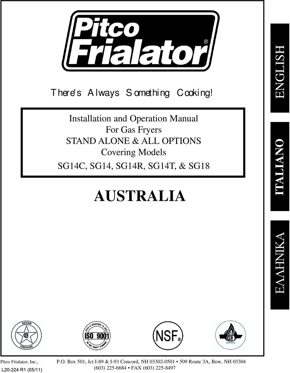 SG14C, SG14, SG14R, SG14T, & SG18 AUSTRALIA ΕΛΛΗΝΙΚΑ FRANCAIS ITALIANO ENGLISH Pitco Frialator,