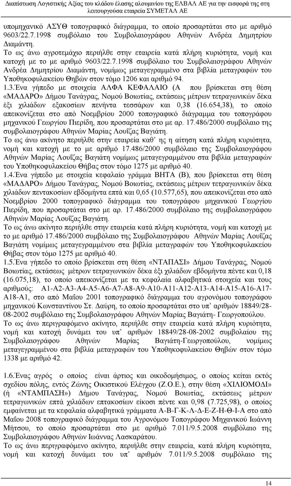 998 συμβόλαιο του Συμβολαιογράφου Αθηνών Ανδρέα Δημητρίου Διαμάντη, νομίμως μεταγεγραμμένο στα βιβλία μεταγραφών του Υποθηκοφυλακείου Θηβών στον τόμο 206 και αριθμό 94..3.