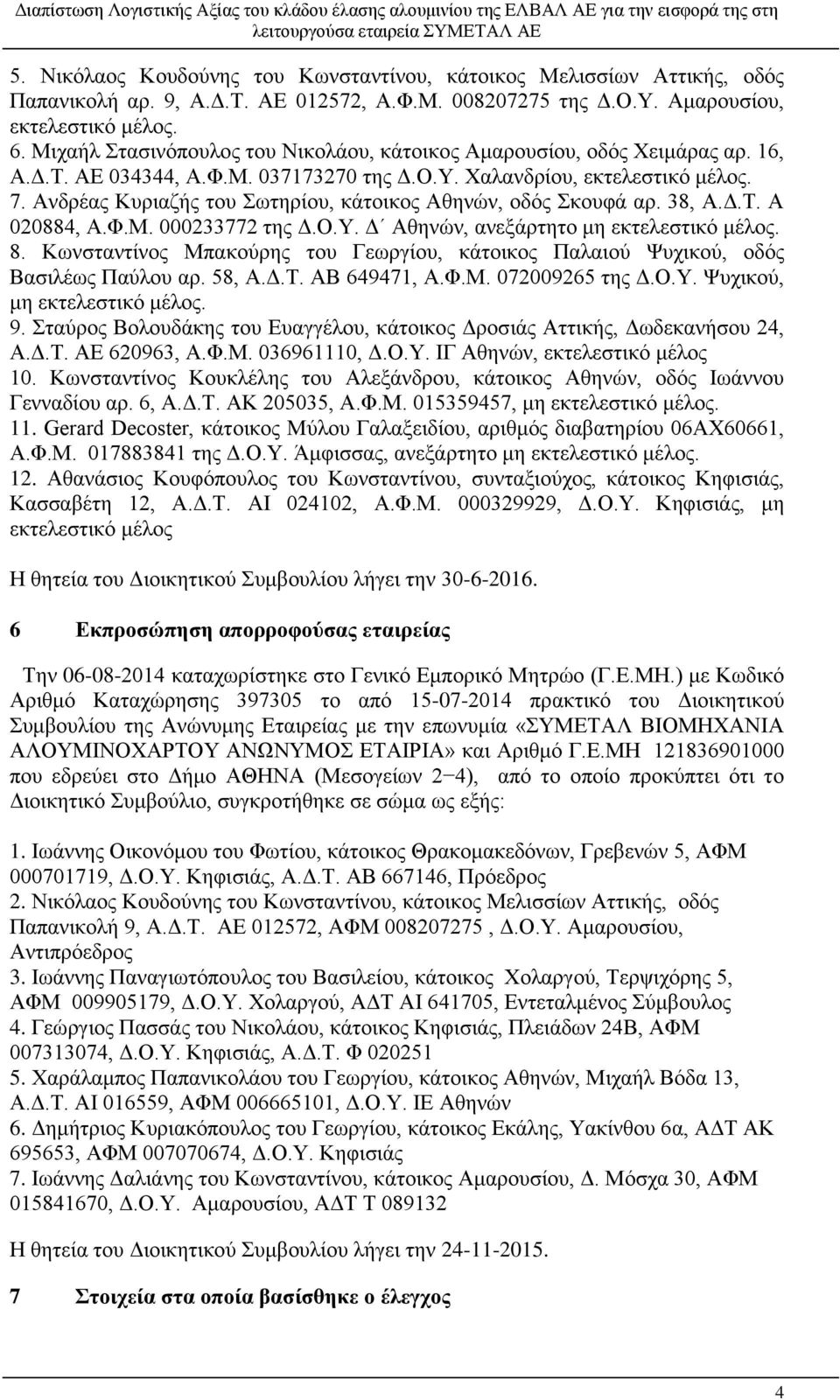 Ανδρέας Κυριαζής του Σωτηρίου, κάτοικος Αθηνών, οδός Σκουφά αρ. 38, Α.Δ.Τ. Α 020884, Α.Φ.Μ. 000233772 της Δ.Ο.Υ. Δ Αθηνών, ανεξάρτητο μη εκτελεστικό μέλος. 8.