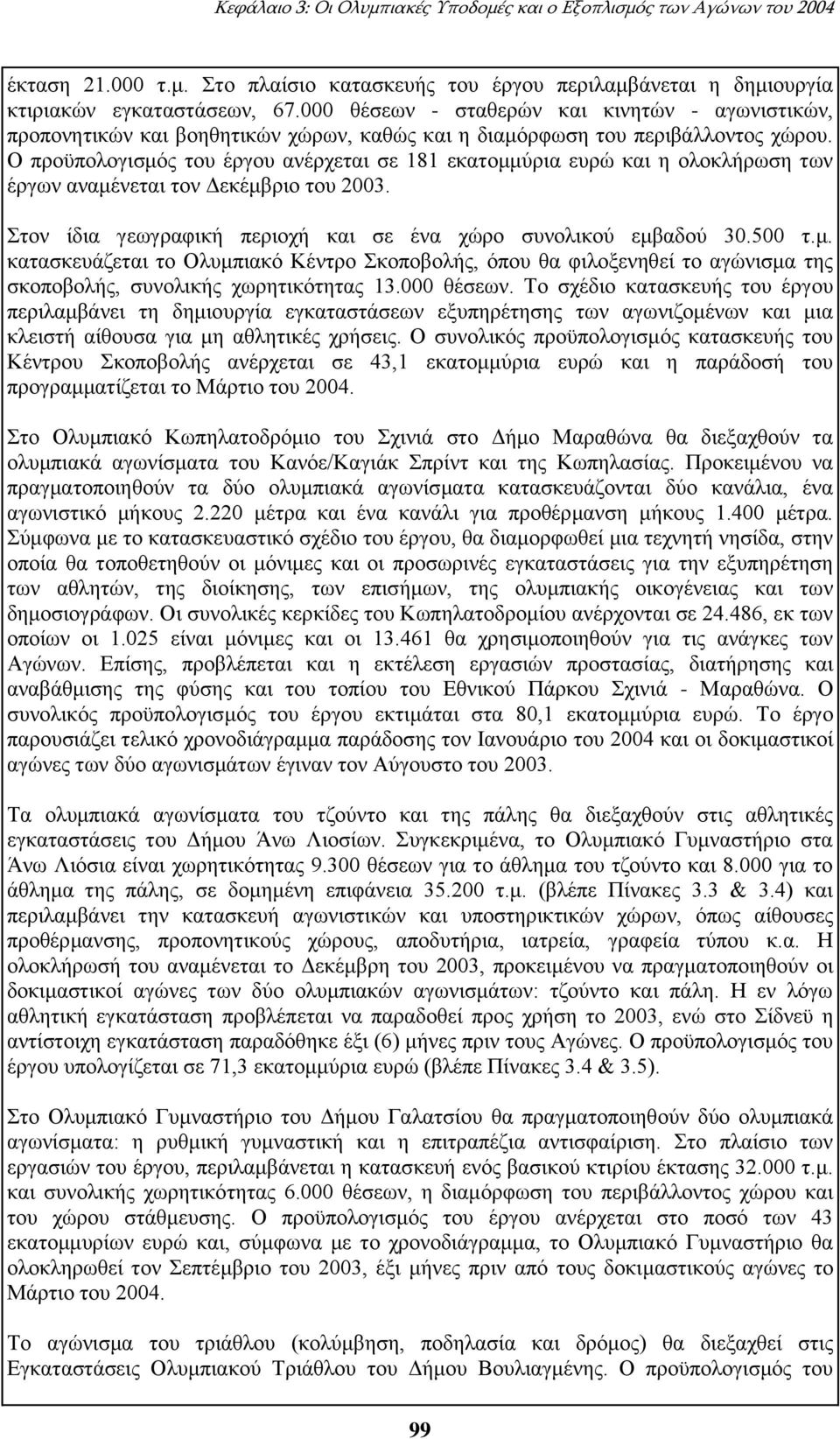 Ο προϋπολογισμός του έργου ανέρχεται σε 181 εκατομμύρια ευρώ και η ολοκλήρωση των έργων αναμένεται τον Δεκέμβριο του 2003. Στον ίδια γεωγραφική περιοχή και σε ένα χώρο συνολικού εμβαδού 30.500 τ.μ. κατασκευάζεται το Ολυμπιακό Κέντρο Σκοποβολής, όπου θα φιλοξενηθεί το αγώνισμα της σκοποβολής, συνολικής χωρητικότητας 13.