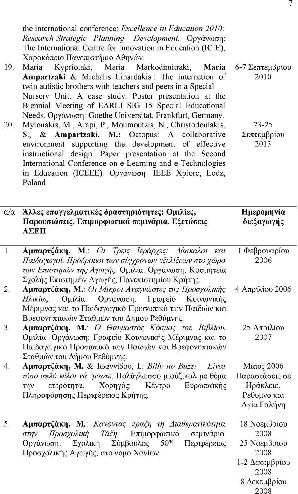 Maria Kypriotaki, Maria Markodimitraki, Maria Ampartzaki & Michalis Linardakis : The interaction of twin autistic brothers with teachers and peers in a Special Nursery Unit: A case study.