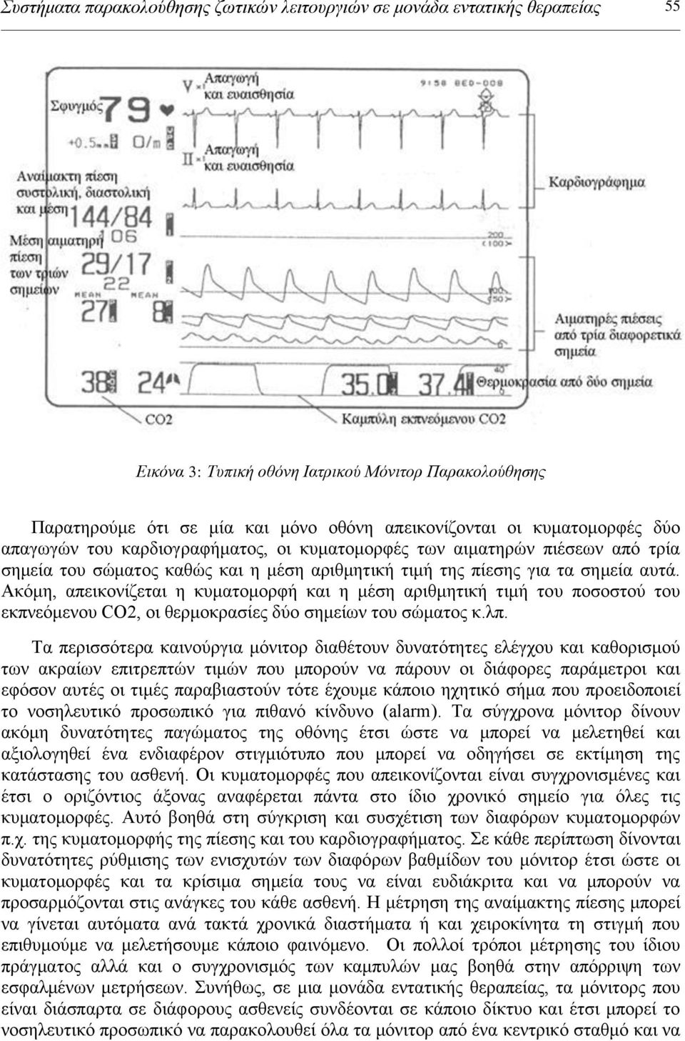 Ακόμη, απεικονίζεται η κυματομορφή και η μέση αριθμητική τιμή του ποσοστού του εκπνεόμενου CO2, οι θερμοκρασίες δύο σημείων του σώματος κ.λπ.