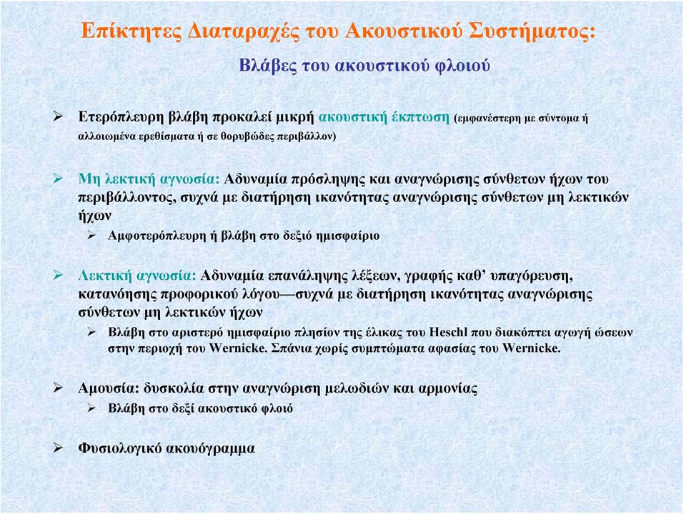 δεξιό ημισφαίριο Λεκτική αγνωσία: Αδυναμία επανάληψης λέξεων, γραφής καθ υπαγόρευση, κατανόησης προφορικού λόγου συχνά με διατήρηση ικανότητας αναγνώρισης σύνθετων μη λεκτικών ήχων Βλάβη στο αριστερό