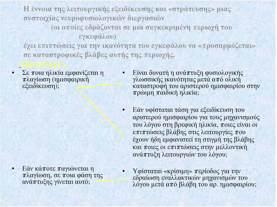 ΕΡΩΤΗΜΑΤΑ Σε ποια ηλικία εμφανίζεται η πλαγίωση (ημισφαιρική εξειδίκευση); Είναι δυνατή η ανάπτυξη φυσιολογικής γλωσσικής ικανότητας μετά από ολική καταστροφή του αριστερού ημισφαιρίου στην πρώιμη