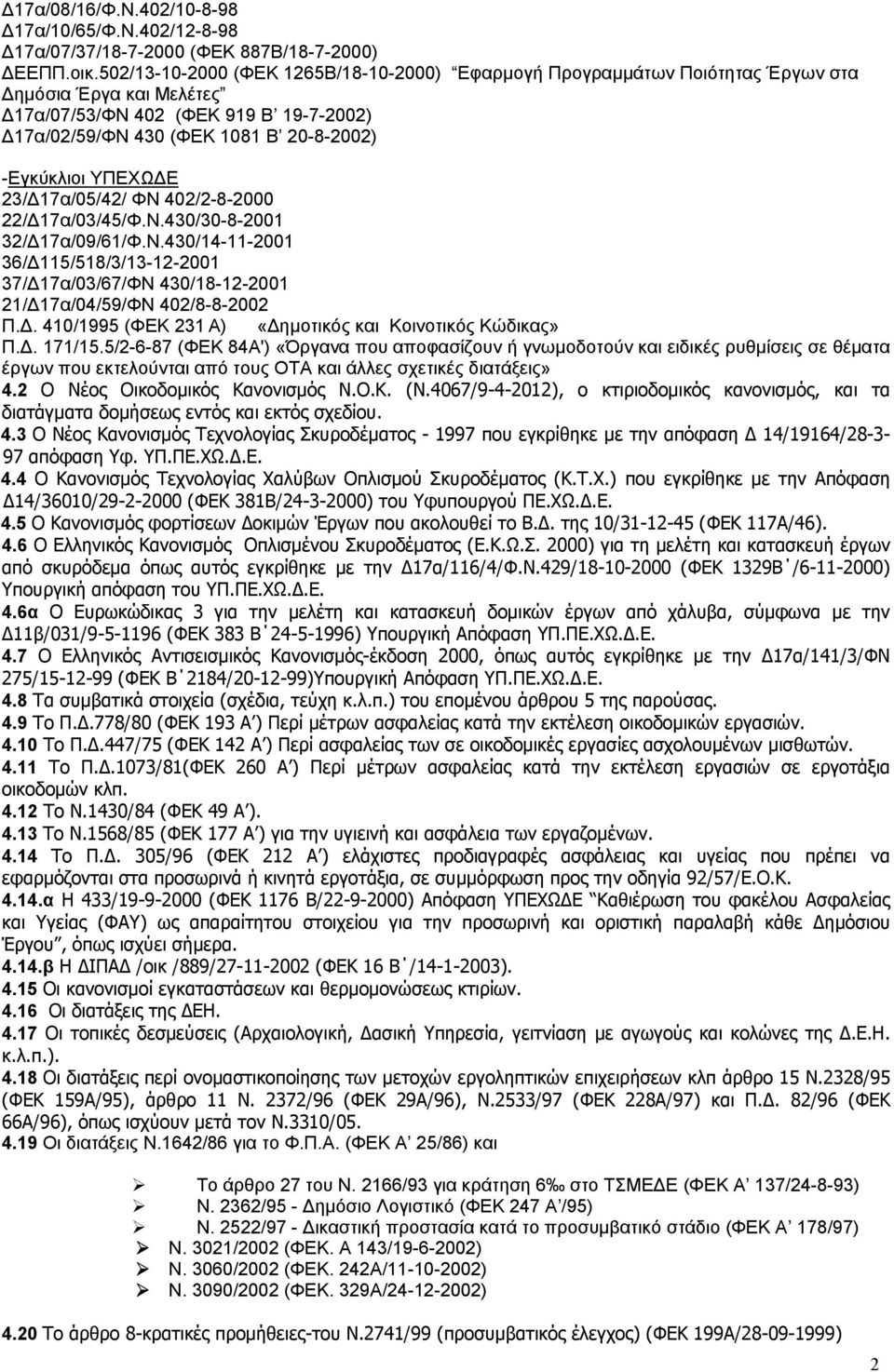 ΥΠΕΧΩΔΕ 23/Δ17α/05/42/ ΦΝ 402/2-8-2000 22/Δ17α/03/45/Φ.Ν.430/30-8-2001 32/Δ17α/09/61/Φ.Ν.430/14-11-2001 36/Δ115/518/3/13-12-2001 37/Δ17α/03/67/ΦΝ 430/18-12-2001 21/Δ17α/04/59/ΦΝ 402/8-8-2002 Π.Δ. 410/1995 (ΦΕΚ 231 Α) «Δημοτικός και Κοινοτικός Κώδικας» Π.