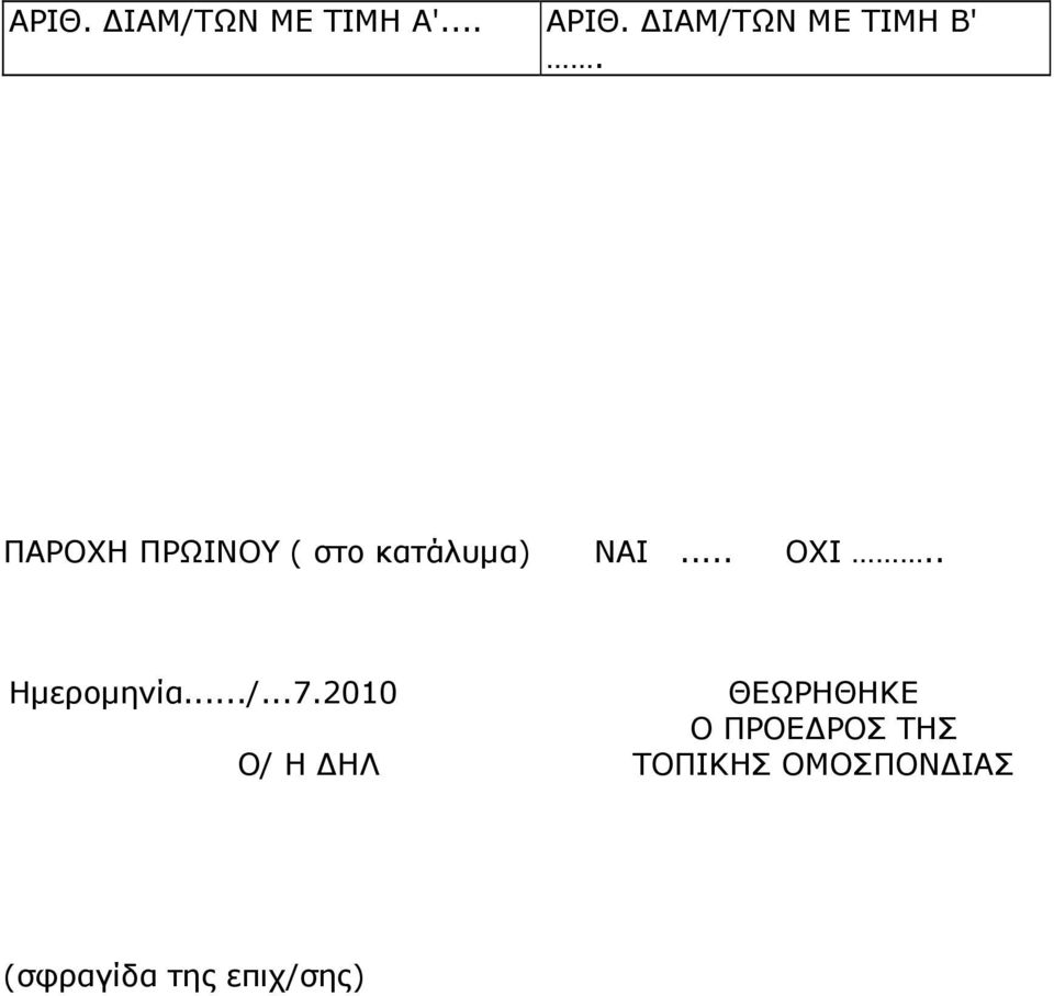 ΠΑΡΟΧΗ ΠΡΩΙΝΟΥ ( στο κατάλυµα) ΝΑΙ... ΟΧΙ.