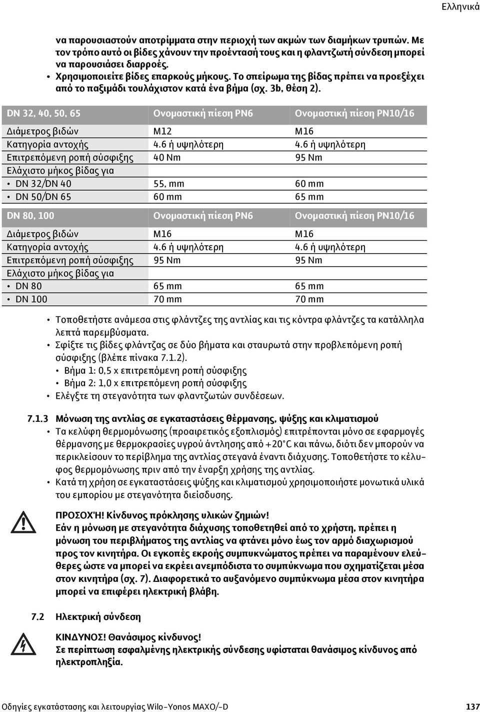 DN 32, 40, 50, 65 Ονομαστική πίεση PN6 Ονομαστική πίεση PN10/16 Διάμετρος βιδών M12 M16 Κατηγορία αντοχής 4.6 ή υψηλότερη 4.