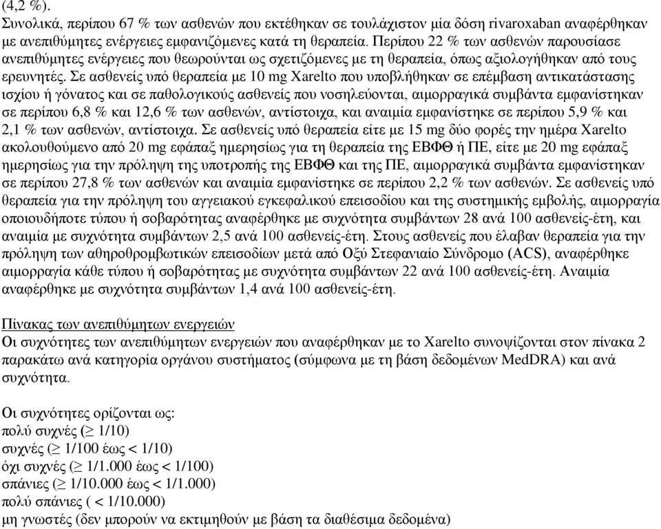 Σε ασθενείς υπό θεραπεία με 10 mg Xarelto που υποβλήθηκαν σε επέμβαση αντικατάστασης ισχίου ή γόνατος και σε παθολογικούς ασθενείς που νοσηλεύονται, αιμορραγικά συμβάντα εμφανίστηκαν σε περίπου 6,8 %