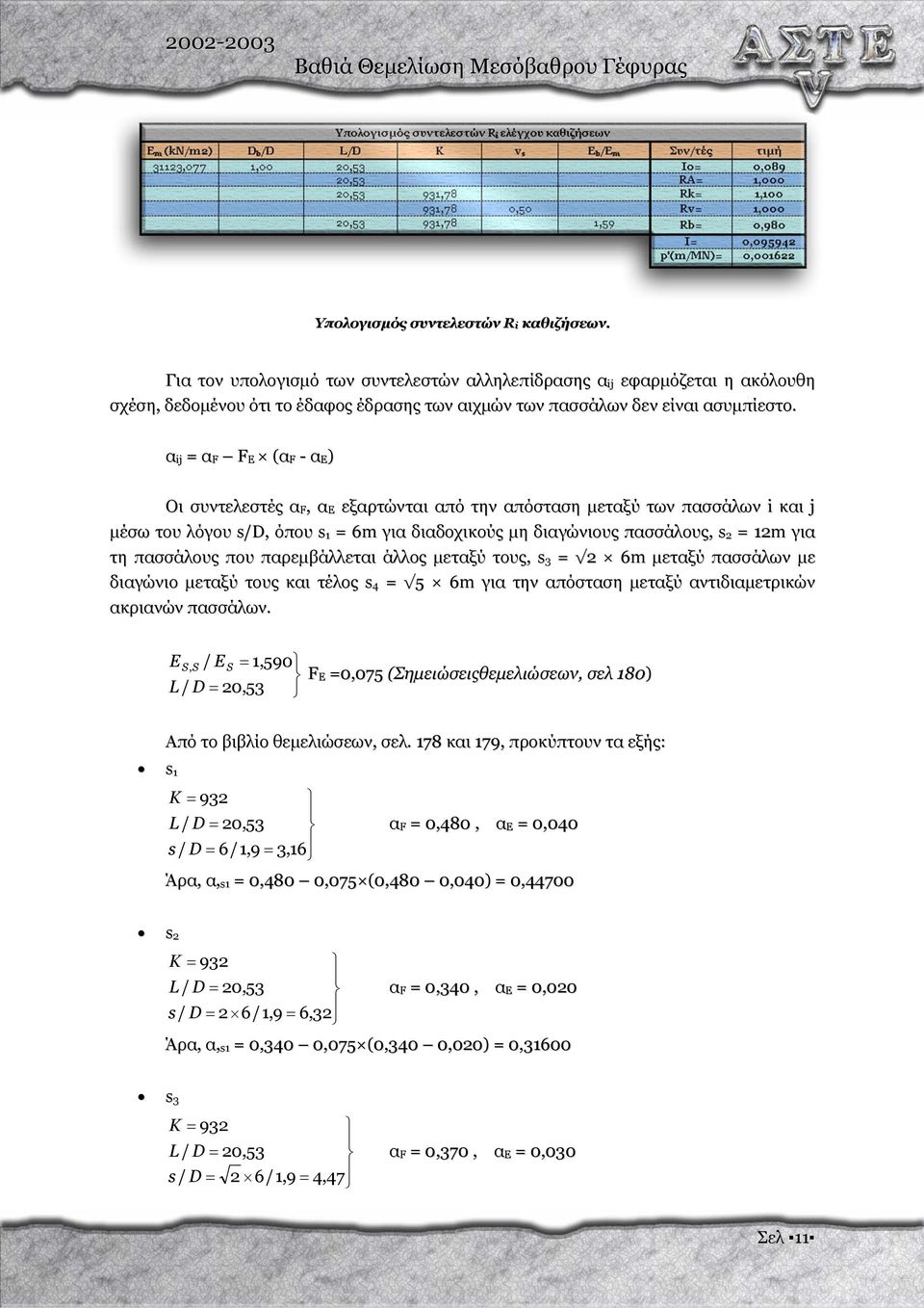 α ij = α F F E (α F - α Ε ) Οι συντελεστές α F, α Ε εξαρτώνται από την απόσταση µεταξύ των πασσάλων i και j µέσω του λόγου s/d, όπου s 1 = 6m για διαδοχικούς µη διαγώνιους πασσάλους, s 2 = 12m για τη