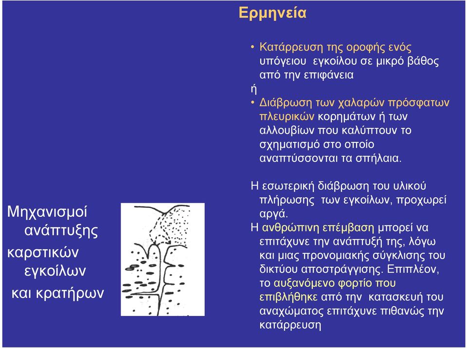 Μηχανισμοί ανάπτυξης καρστικών εγκοίλων και κρατήρων Η εσωτερική διάβρωση του υλικού πλήρωσης των εγκοίλων, προχωρεί αργά.