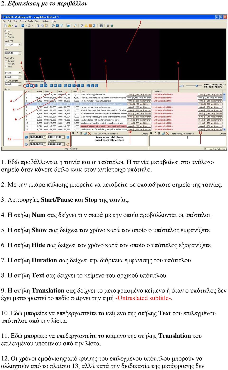 Η στήλη Num σας δείχνει την σειρά με την οποία προβάλλονται οι υπότιτλοι. 5. Η στήλη Show σας δείχνει τον χρόνο κατά τον οποίο ο υπότιτλος εμφανίζετε. 6.