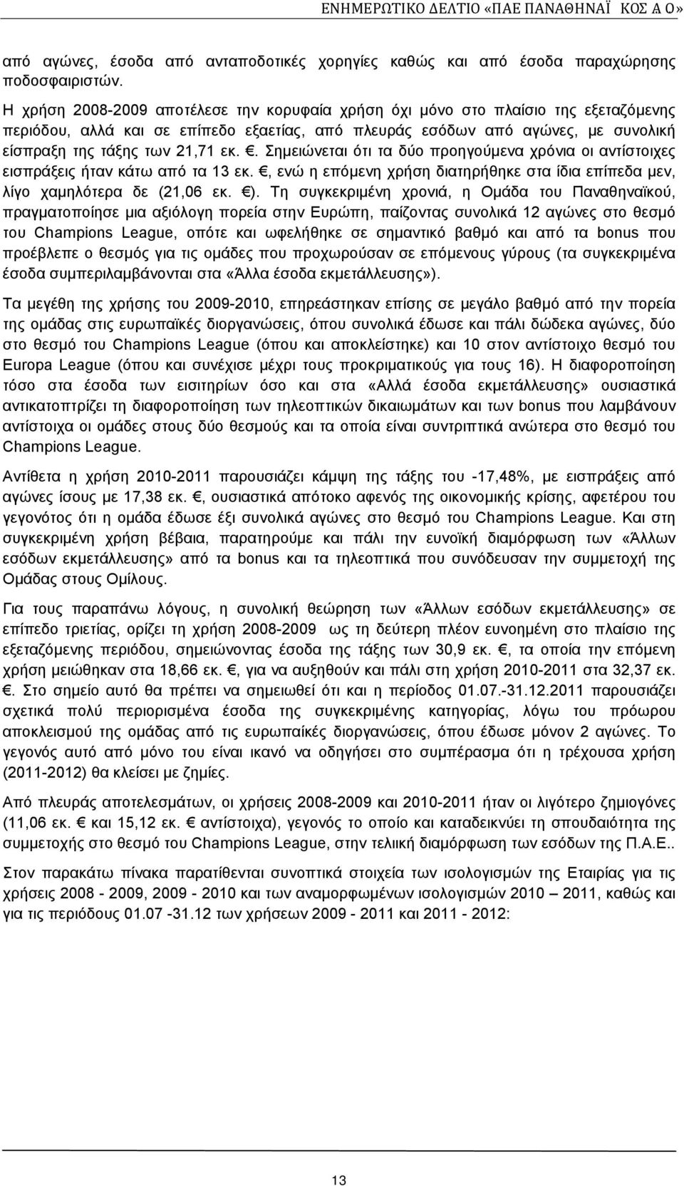 . Σημειώνεται ότι τα δύο προηγούμενα χρόνια οι αντίστοιχες εισπράξεις ήταν κάτω από τα 13 εκ., ενώ η επόμενη χρήση διατηρήθηκε στα ίδια επίπεδα μεν, λίγο χαμηλότερα δε (21,06 εκ. ).