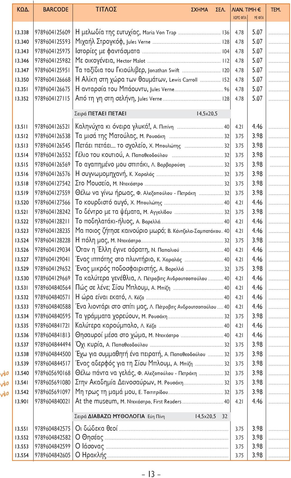 .. 152 4.78 5.07... 13.351 9789604126675 Η ανταρσία του Μπάουντυ, Jules Verne...96 4.78 5.07... 13.352 9789604127115 Από τη γη στη σελήνη, Jules Verne... 128 4.78 5.07... Σειρά ΠΕΤΑΕΙ ΠΕΤΑΕΙ 14,5x20,5 13.