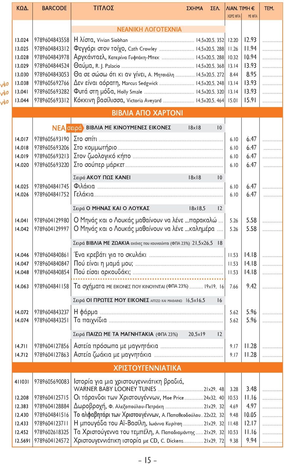 .. 14,5x20,5, 248 13.14 13.93... 13.041 9789605693282 Φυτά στη μόδα, Holly Smale... 14,5x20,5, 320 13.14 13.93... 13.044 9789605693312 Kόκκινη βασίλισσα, Victoria Aveyard... 14,5x20,5, 464 15.01 15.