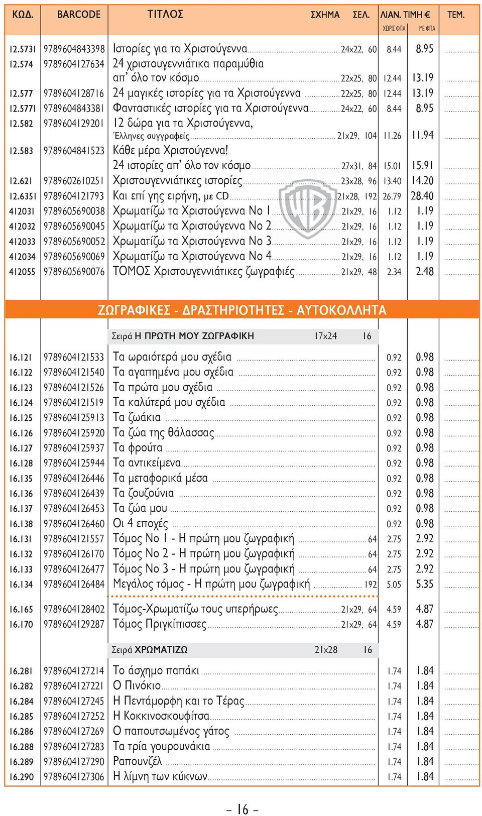 26 11.94... 12.583 9789604841523 Κάθε μέρα Χριστούγεννα! 24 ιστορίες απ όλο τον κόσμο...27x31, 84 15.01 15.91... 12.621 9789602610251 Χριστουγεννιάτικες ιστορίες...23x28,.....2 96 13.40 14.20... 12.6351 9789604121793 Και επί γης ειρήνη, με CD.
