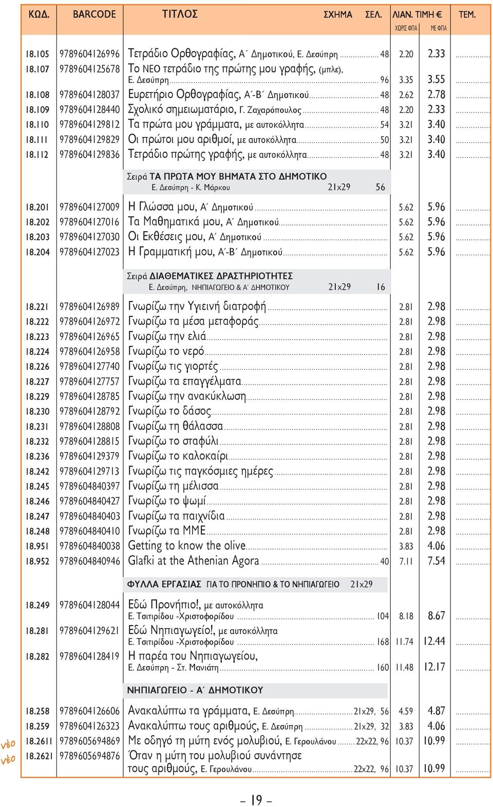 ..50 3.21 3.40... 18.112 9789604129836 Τετράδιο πρώτης γραφής, με αυτοκόλλητα...48 3.21 3.40... Σειρά ΤΑ ΠΡΩΤΑ ΜΟΥ ΒΗΜΑΤΑ ΣΤΟ ΗΜΟΤΙΚΟ Ε. εσύπρη - Κ. Μάρκου 21x29 56 18.