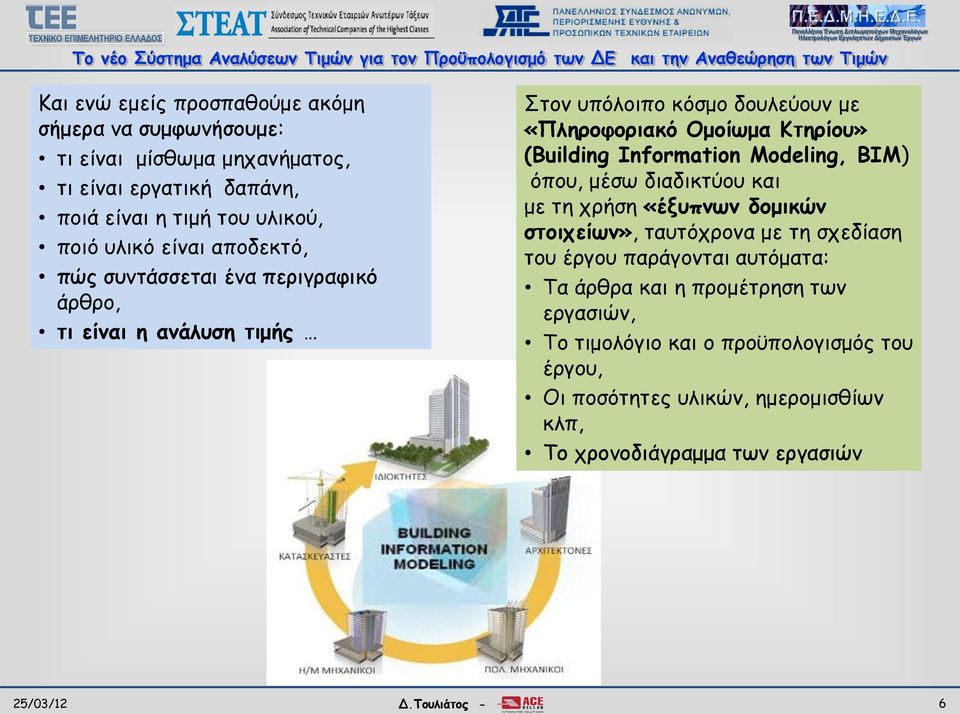 Modeling, BIM) όπου, μέσω διαδικτύου και με τη χρήση «έξυπνων δομικών στοιχείων», ταυτόχρονα με τη σχεδίαση του έργου παράγονται αυτόματα: Τα άρθρα και η