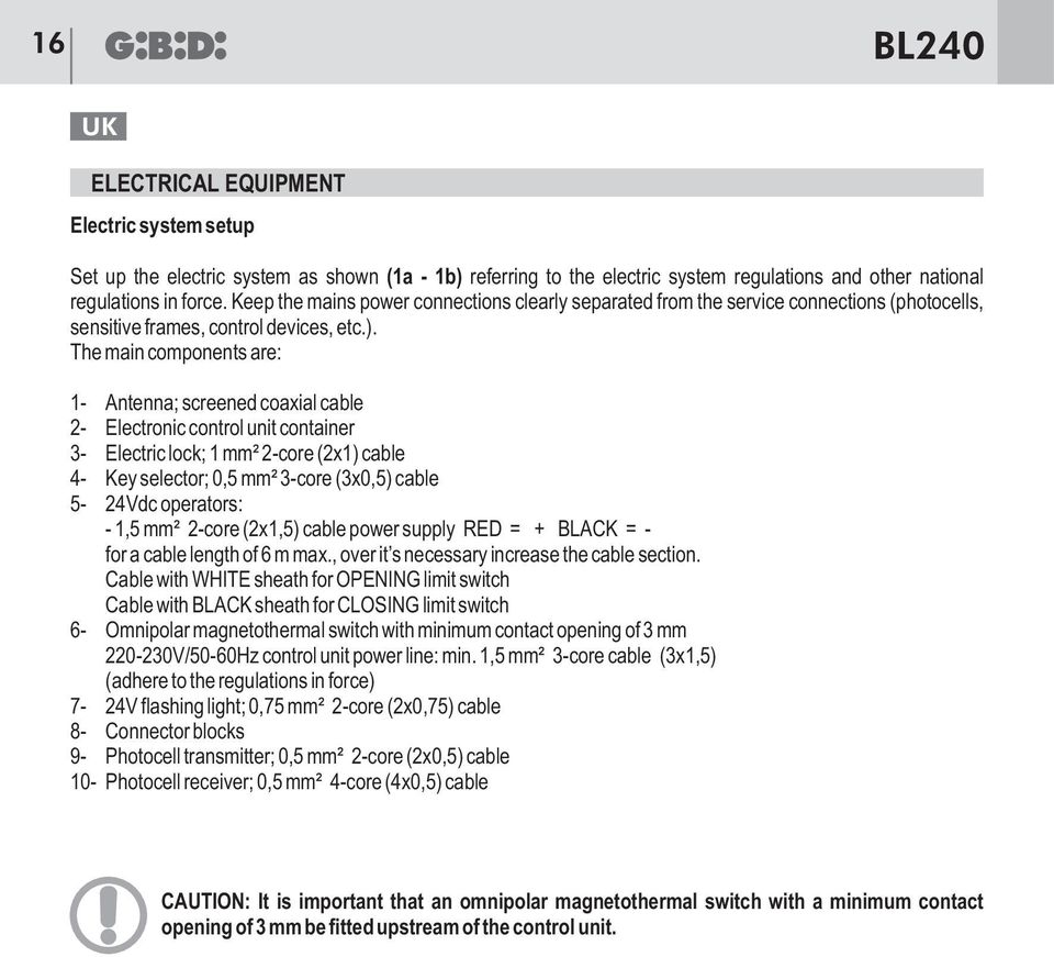 The main components are: 1- Antenna; screened coaxial cable 2- Electronic control unit container 3- Electric lock; 1 mm² 2-core (2x1) cable 4- Key selector; 0,5 mm² 3-core (3x0,5) cable 5-24Vdc