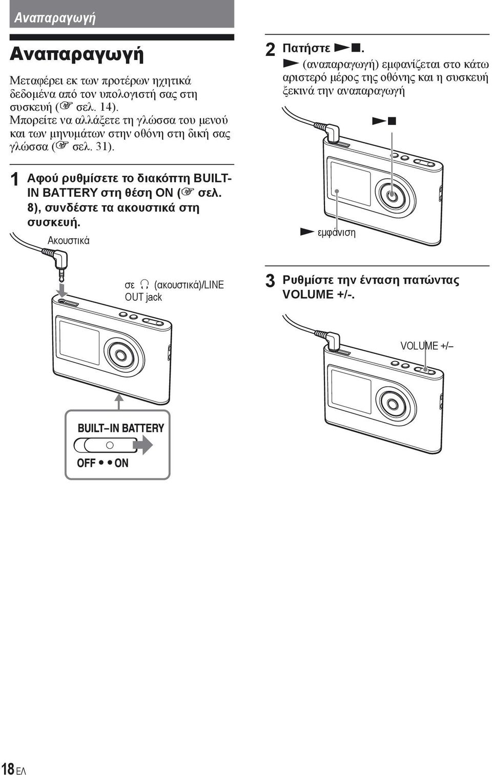 1 Αφού ρυθμίσετε το διακόπτη BUILT- IN BATTERY στη θέση ON ( σελ. 8), συνδέστε τα ακουστικά στη συσκευή.