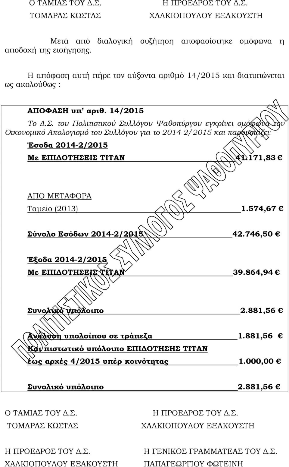 υπ αριθ. 14/2015 Το Δ.Σ.