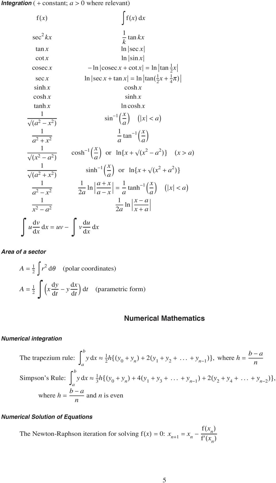 a u dv dx dx = uv v du dx dx Area of a sector A = r dθ (polar coordiates) A = (x dy dt y dx dt ) dt (parametric form) Numerical Mathematics Numerical itegratio b The trapezium rule: y dx h{(y 0 + y