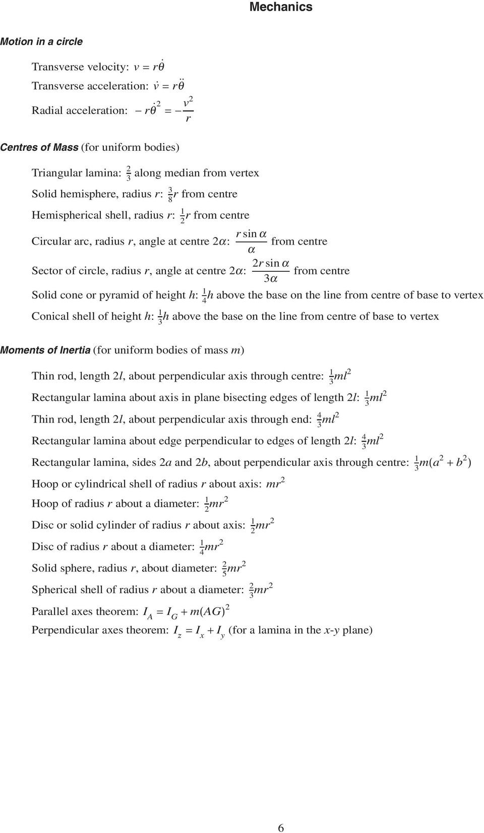 cetre Solid coe or pyramid of height h: h above the base o the lie from cetre of base to vertex 4 Coical shell of height h: h above the base o the lie from cetre of base to vertex 3 Momets of Iertia