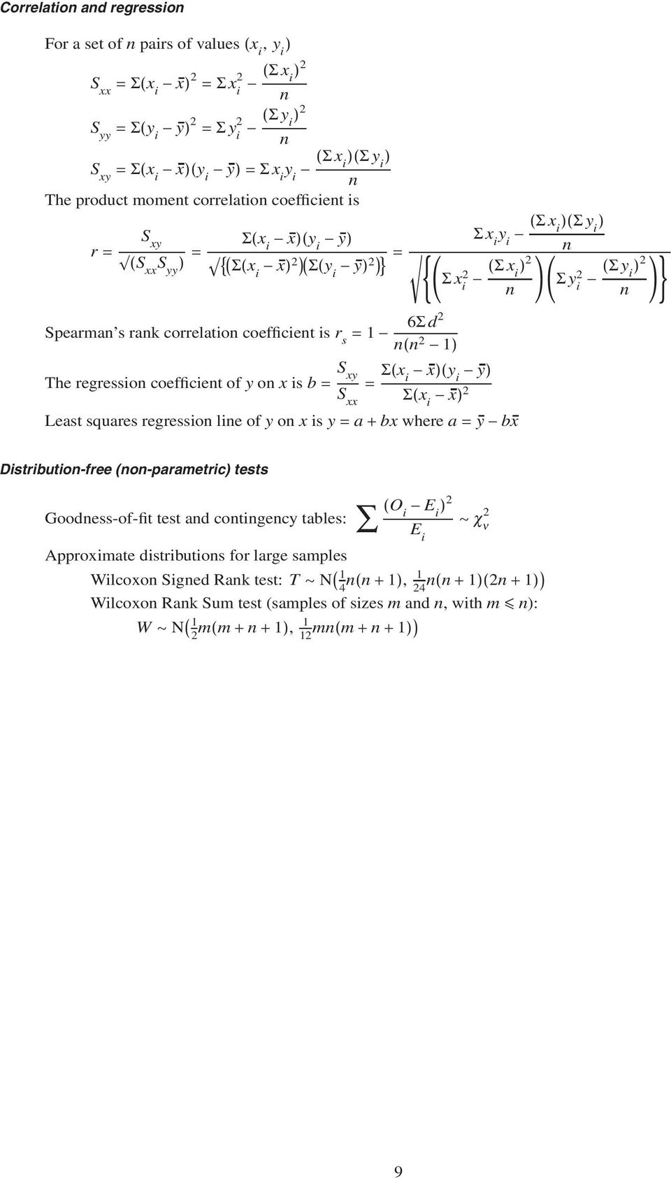 regressio coefficiet of y o x is b = S xy S xx = Σ(x i x)(y i y) Σ(x i x) Least squares regressio lie of y o x is y = a + bx where a = y bx )(Σ y i (Σ y i ) )} Distributio-free (o-parametric) tests