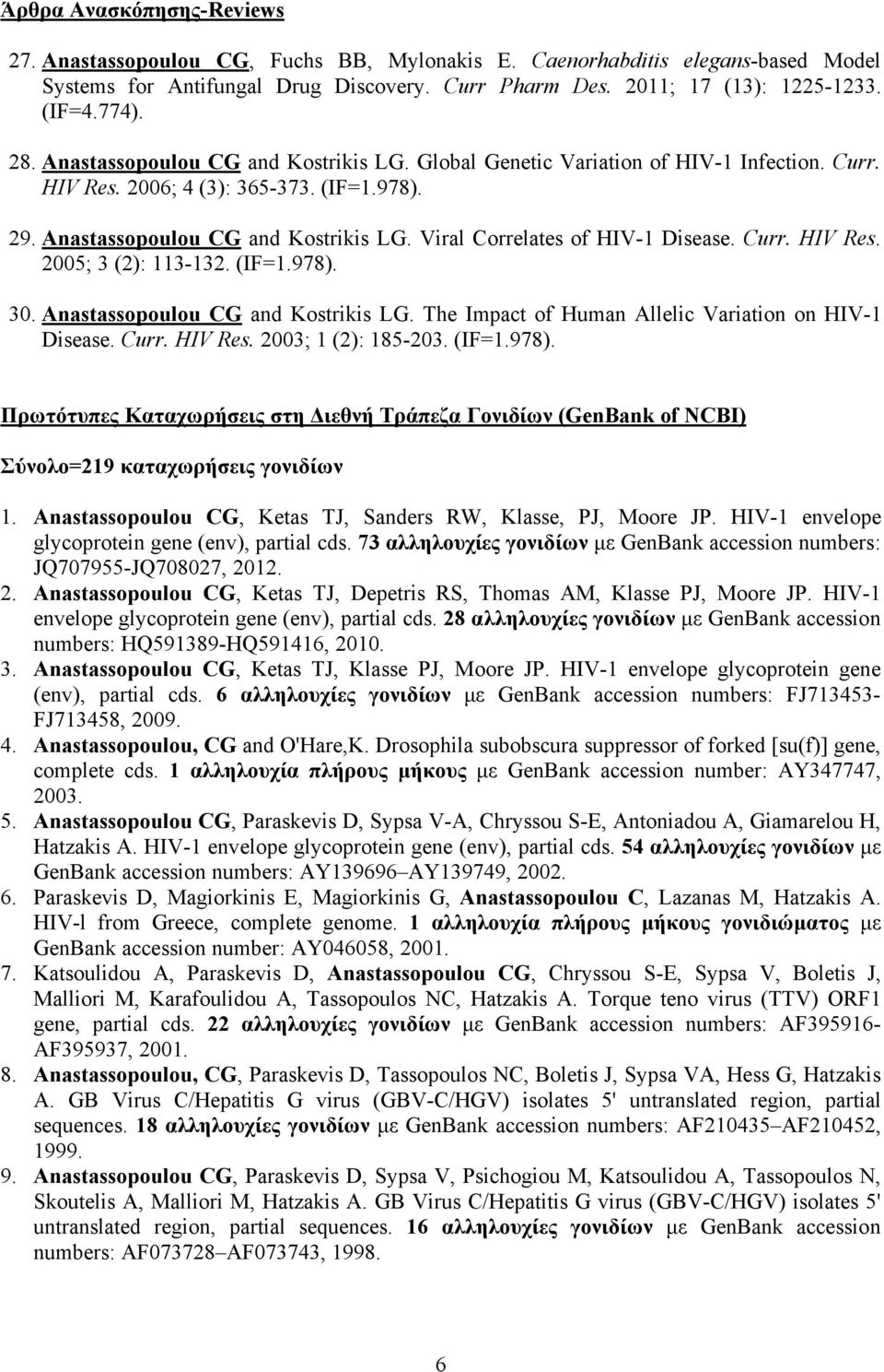 Curr. HIV Res. 2005; 3 (2): 113-132. (IF=1.978). 30. Anastassopoulou CG and Kostrikis LG. The Impact of Human Allelic Variation οn HIV-1 Disease. Curr. HIV Res. 2003; 1 (2): 185-203. (IF=1.978). Πρωτότυπες Καταχωρήσεις στη Διεθνή Τράπεζα Γονιδίων (GenBank of NCBI) Σύνολο=219 καταχωρήσεις γονιδίων 1.