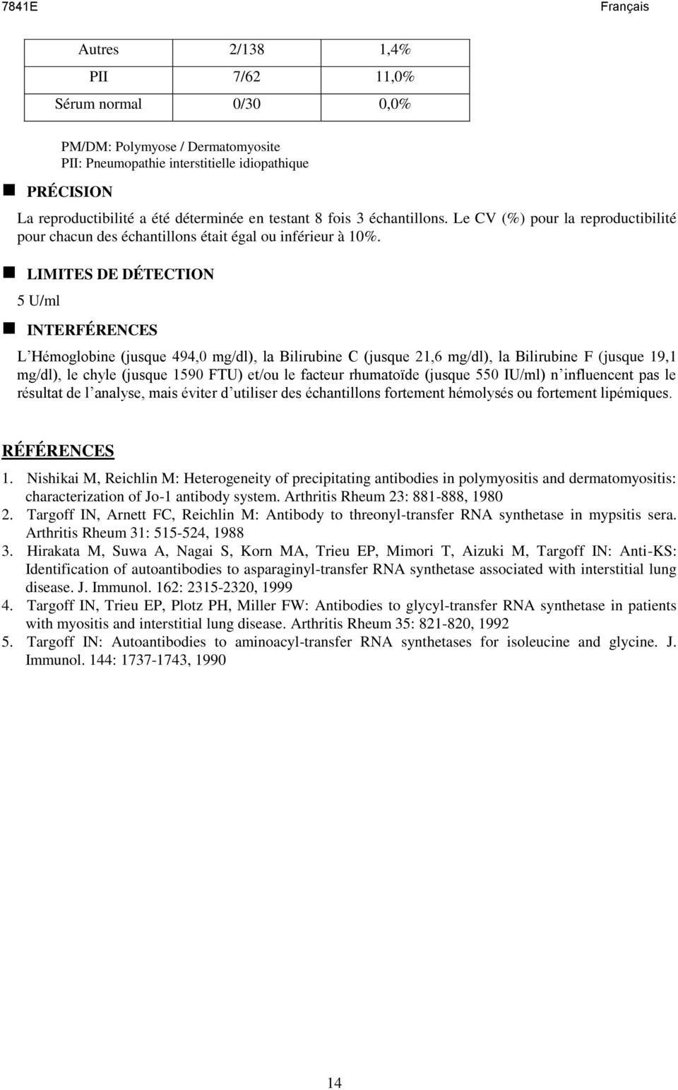 LIMITES DE DTECTION 5 U/ml INTERFRENCES L Hmoglobine (jusque 494,0 mg/dl), la Bilirubine C (jusque 21,6 mg/dl), la Bilirubine F (jusque 19,1 mg/dl), le chyle (jusque 1590 FTU) et/ou le facteur