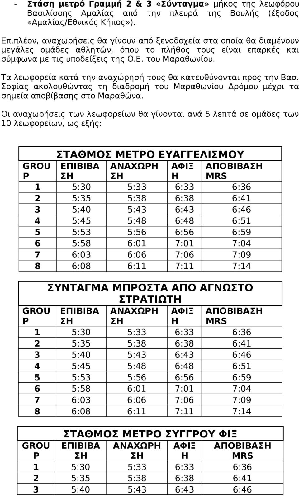 Τα λεωφορεία κατά την αναχώρησή τους θα κατευθύνονται προς την Βασ. Σοφίας ακολουθώντας τη διαδρομή του Μαραθωνίου Δρόμου μέχρι τα σημεία αποβίβασης στο Μαραθώνα.