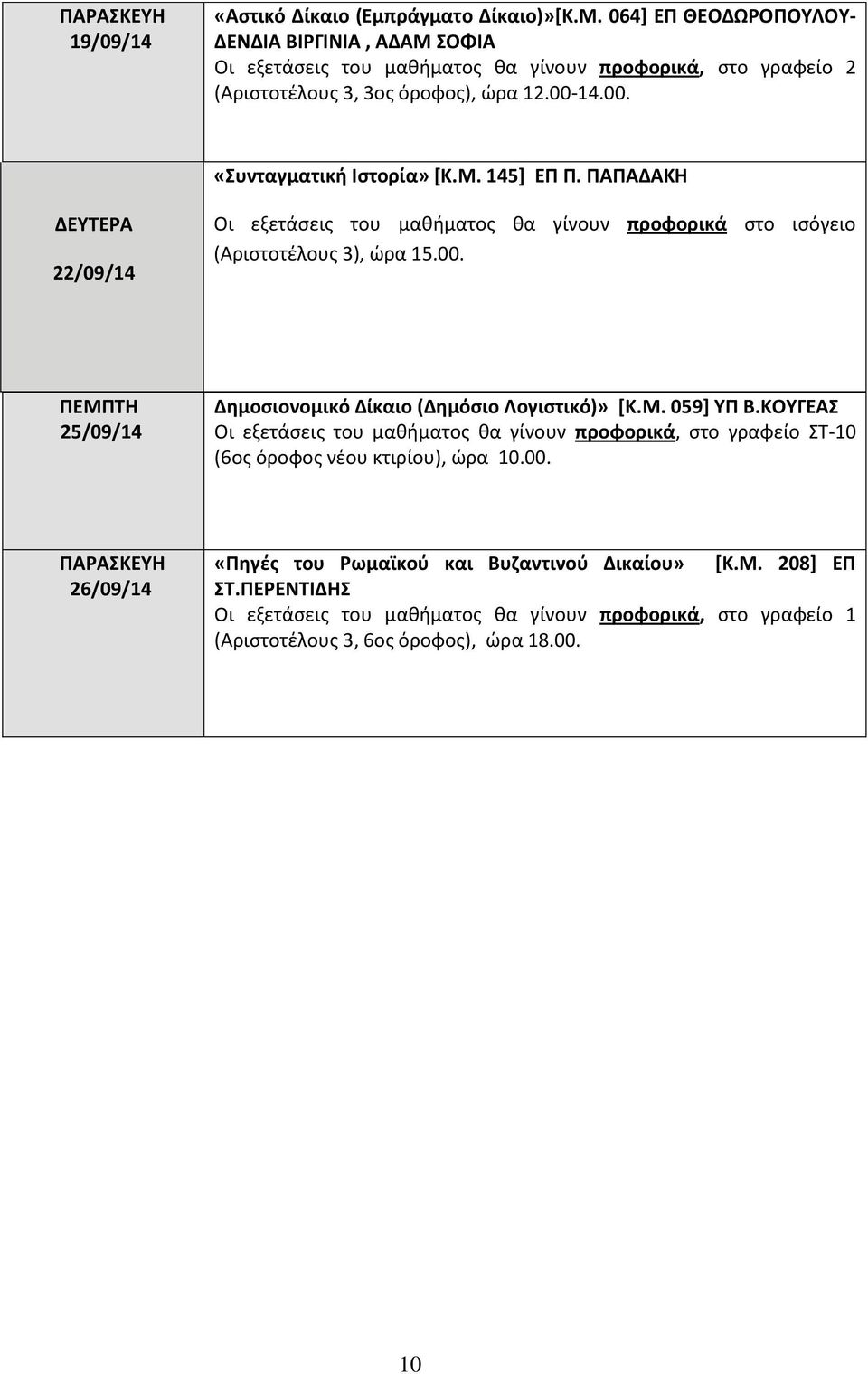 Μ. 145] ΕΠ Π. ΠΑΠΑΔΑΚΗ 22/09/14 Οι εξετάσεις του μαθήματος θα γίνουν προφορικά στο ισόγειο (Αριστοτέλους 3), ώρα 15.00. ΠΕΜΠΤΗ 25/09/14 Δημοσιονομικό Δίκαιο (Δημόσιο Λογιστικό)» [Κ.