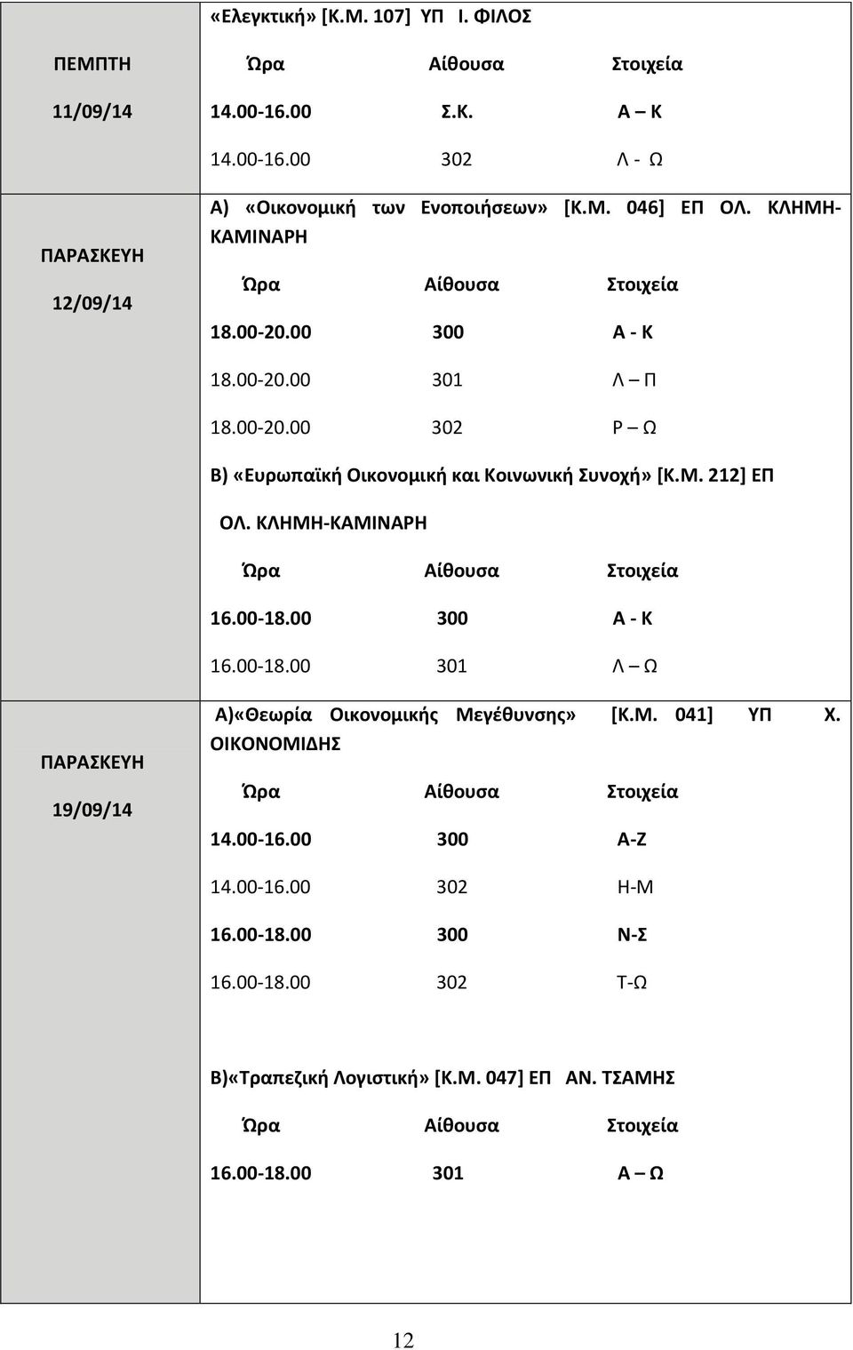 ΚΛΗΜΗ-ΚΑΜΙΝΑΡΗ 16.00-18.00 300 Α - Κ 16.00-18.00 301 Λ Ω 19/09/14 Α)«Θεωρία Οικονομικής Μεγέθυνσης» [Κ.Μ. 041] ΥΠ Χ. ΟΙΚΟΝΟΜΙΔΗΣ 14.00-16.