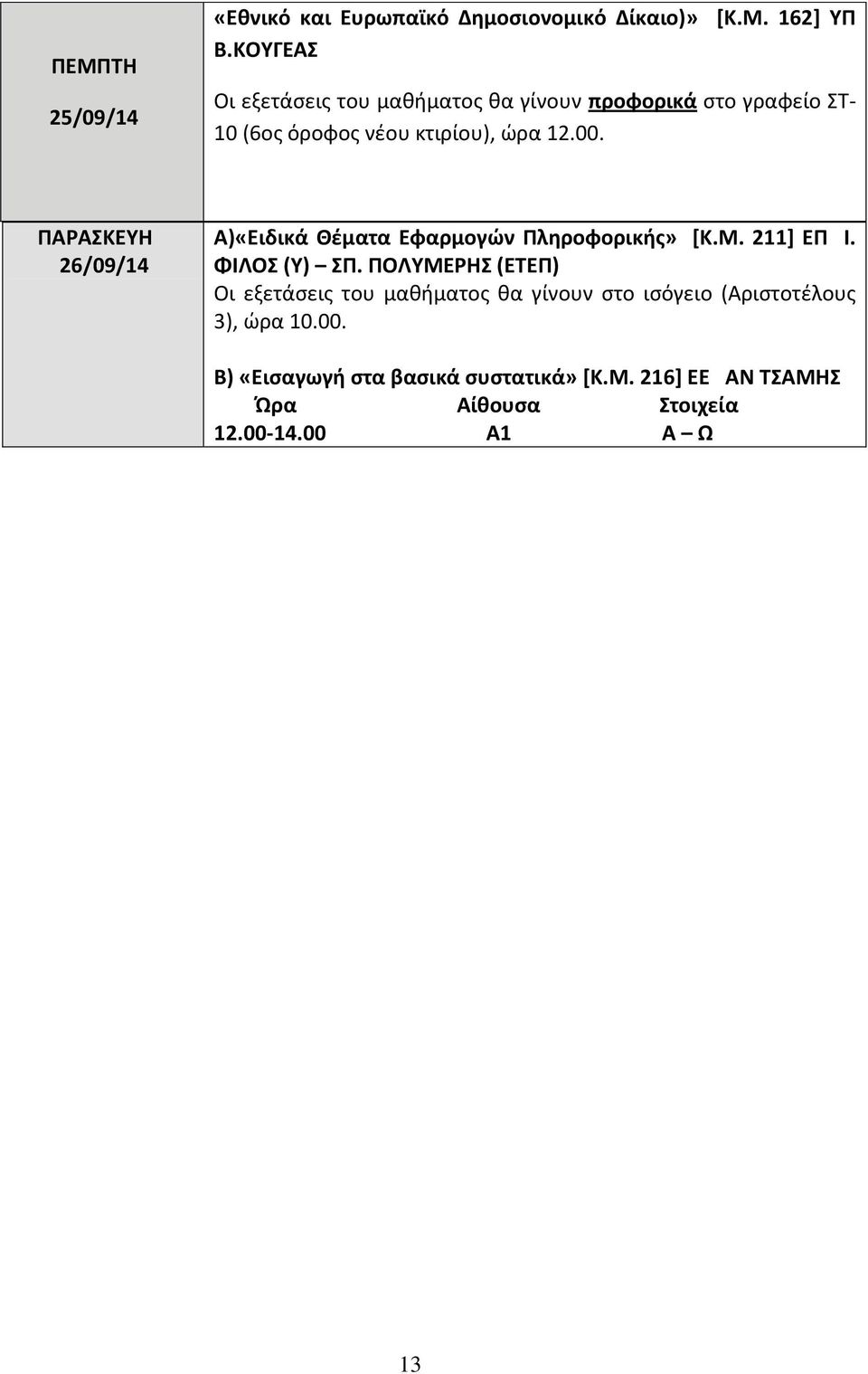 26/09/14 Α)«Ειδικά Θέματα Εφαρμογών Πληροφορικής» [Κ.Μ. 211] ΕΠ Ι. ΦΙΛΟΣ (Υ) ΣΠ.
