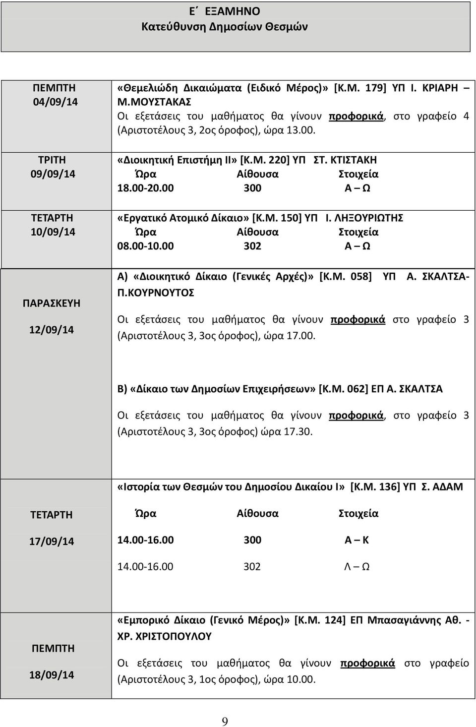 00 300 Α Ω «Εργατικό Ατομικό Δίκαιο» [Κ.Μ. 150] ΥΠ Ι. ΛΗΞΟΥΡΙΩΤΗΣ 08.00-10.00 302 Α Ω Α) «Διοικητικό Δίκαιο (Γενικές Αρχές)» [Κ.Μ. 058] ΥΠ Α. ΣΚΑΛΤΣΑ- Π.