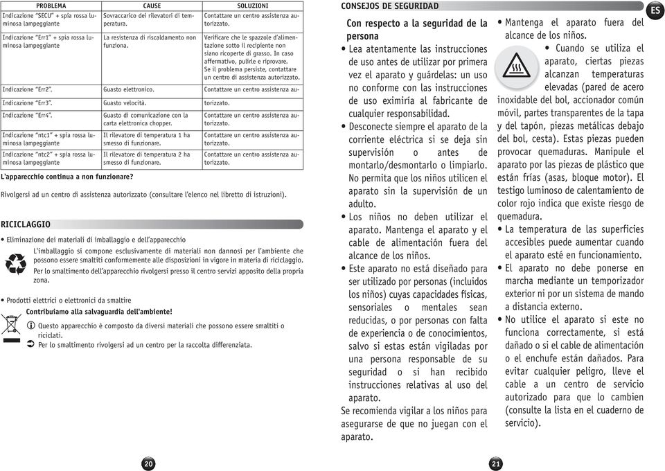 In caso affermativo, pulirle e riprovare. Se il problema persiste, contattare un centro di assistenza autorizzato. Indicazione Err2. Guasto elettronico.