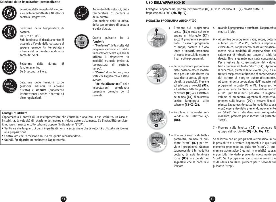 Da 5 secondi a 2 ore. Selezione delle funzioni turbo (velocità massima in accesso diretto) e impulsi (andamento intermittente) senza ricorrere ad altre regolazioni.