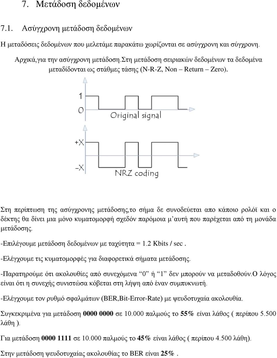 Στη περίπτωση της ασύγχρονης μετάδοσης,το σήμα δε συνοδεύεται απο κάποιο ρολόϊ και ο δέκτης θα δίνει μια μόνο κυματομορφή σχεδόν παρόμοια μ αυτή που παρέχεται από τη μονάδα μετάδοσης.