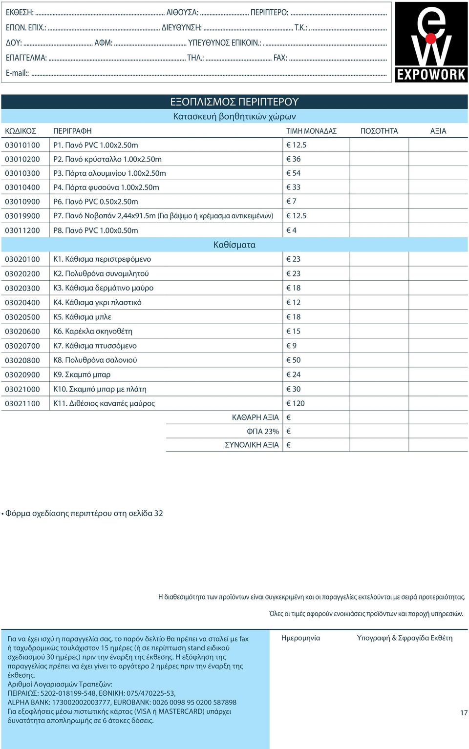 Πόρτα αλουμινίου 1.00x2.50m 54 03010400 Ρ4. Πόρτα φυσούνα 1.00x2.50m 33 03010900 Ρ6. Πανό PVC 0.50x2.50m 7 03019900 Ρ7. Πανό Νοβοπάν 2,44x91.5m (Για βάψιμο ή κρέμασμα αντικειμένων) 12.5 03011200 Ρ8.
