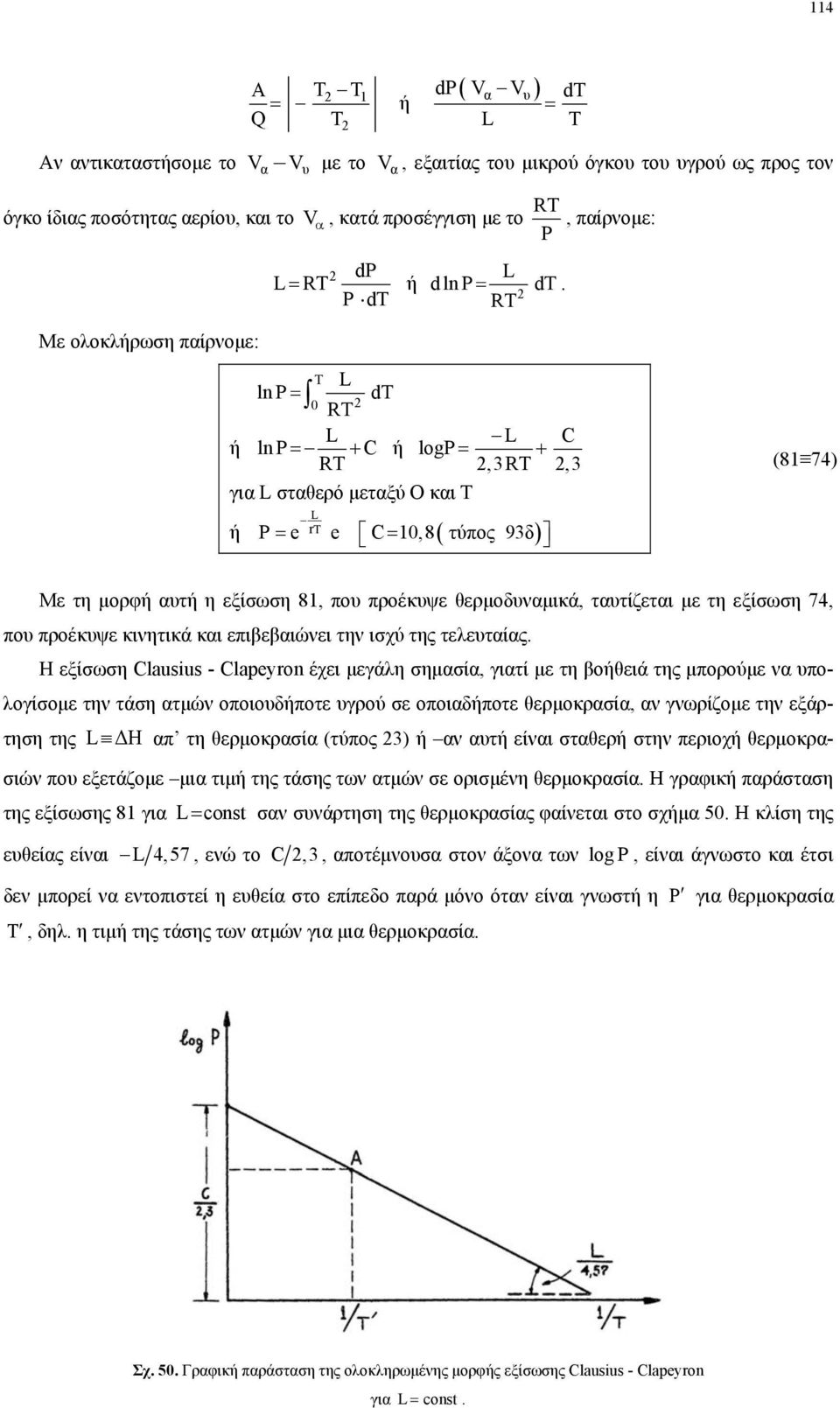 RΤ Τ L ln Ρ = dτ 0 RΤ L L C ή ln Ρ = + C ή lοgρ = + RΤ,3RΤ,3 για L σταθερό µεταξύ Ο και Τ L ή Ρ = e rτ e C= 10,8( τύπος 93δ) (81 74) Με τη µορφή αυτή η εξίσωση 81, που προέκυψε θερµοδυναµικά,