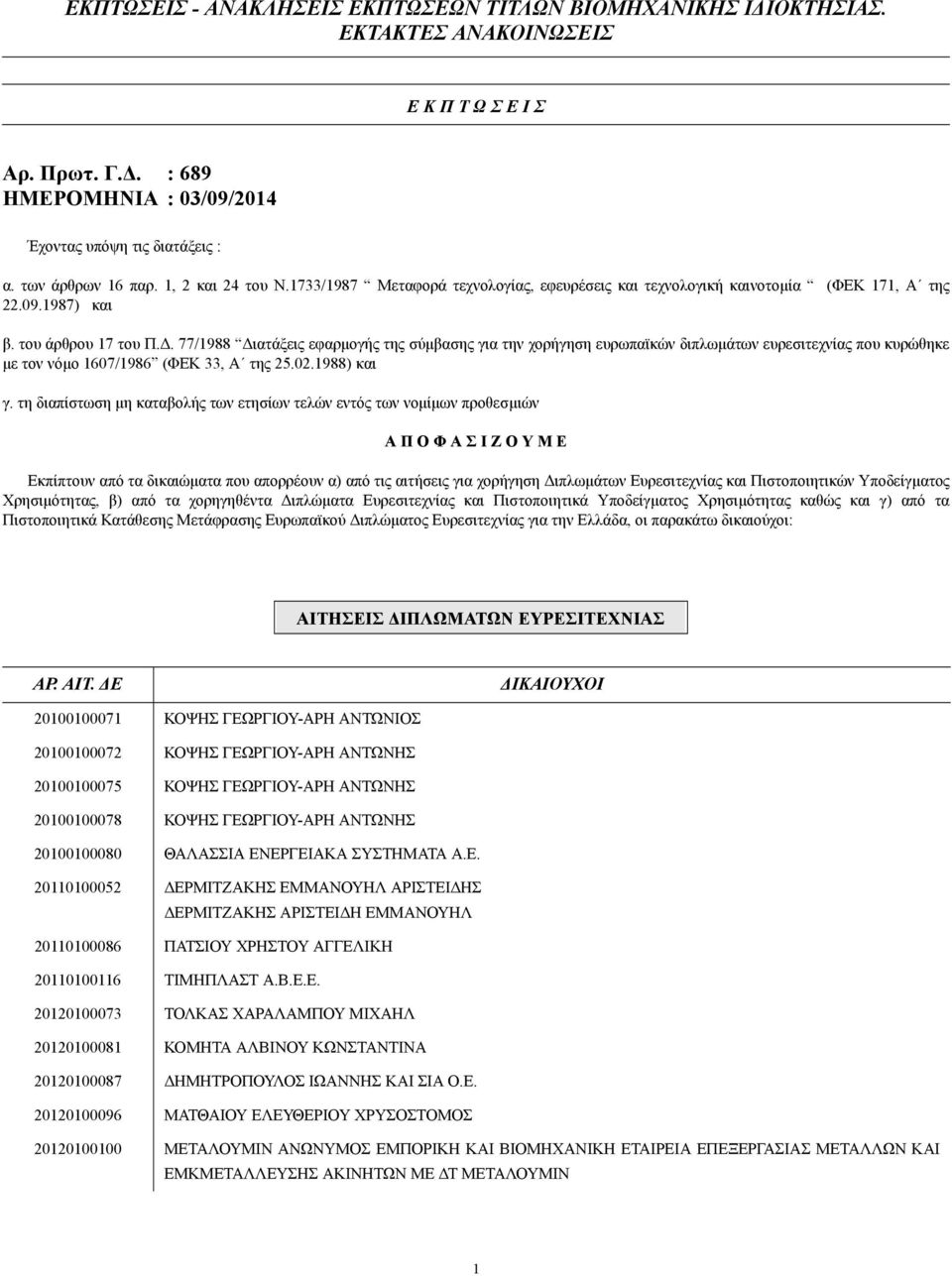 . 77/1988 ιατάξεις εφαρµογής της σύµβασης για την χορήγηση ευρωπαϊκών διπλωµάτων ευρεσιτεχνίας που κυρώθηκε µε τον νόµο 1607/1986 (ΦΕΚ 33, Α της 25.02.1988) και γ.