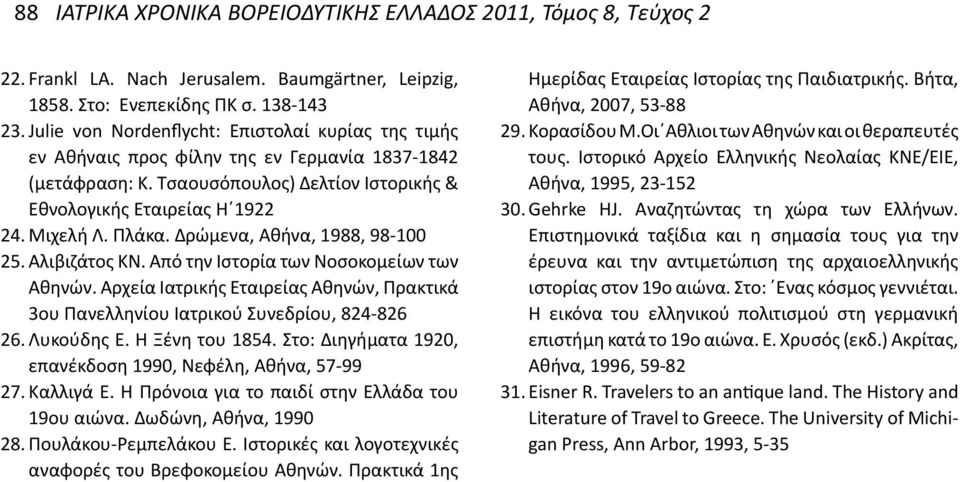 Δρώμενα, Αθήνα, 1988, 98-100 25. Αλιβιζάτος ΚΝ. Από την Ιστορία των Νοσοκομείων των Αθηνών. Αρχεία Ιατρικής Εταιρείας Αθηνών, Πρακτικά 3ου Πανελληνίου Ιατρικού Συνεδρίου, 824-826 26. Λυκούδης Ε.