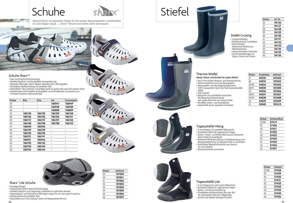 Grösse Art. Nr. Schuhe Sharx TM Sehr leicht dank EVA Technologie. Perfekte Passform und komfortable Innenpolsterung. Spezielle Öffnungen, damit Wasser ablaufen kann. Atmungsaktiv.