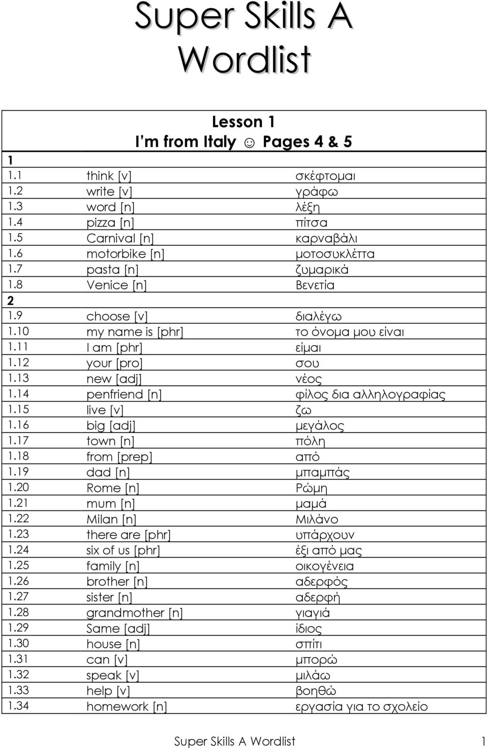 6 big [adj] μεγάλος.7 town [n] πόλη.8 from [prep] από.9 dad [n] μπαμπάς.0 Rome [n] Ρώμη. mum [n] μαμά. Milan [n] Μιλάνο. there are [phr] υπάρχουν. six of us [phr] έξι από μας. family [n] οικογένεια.