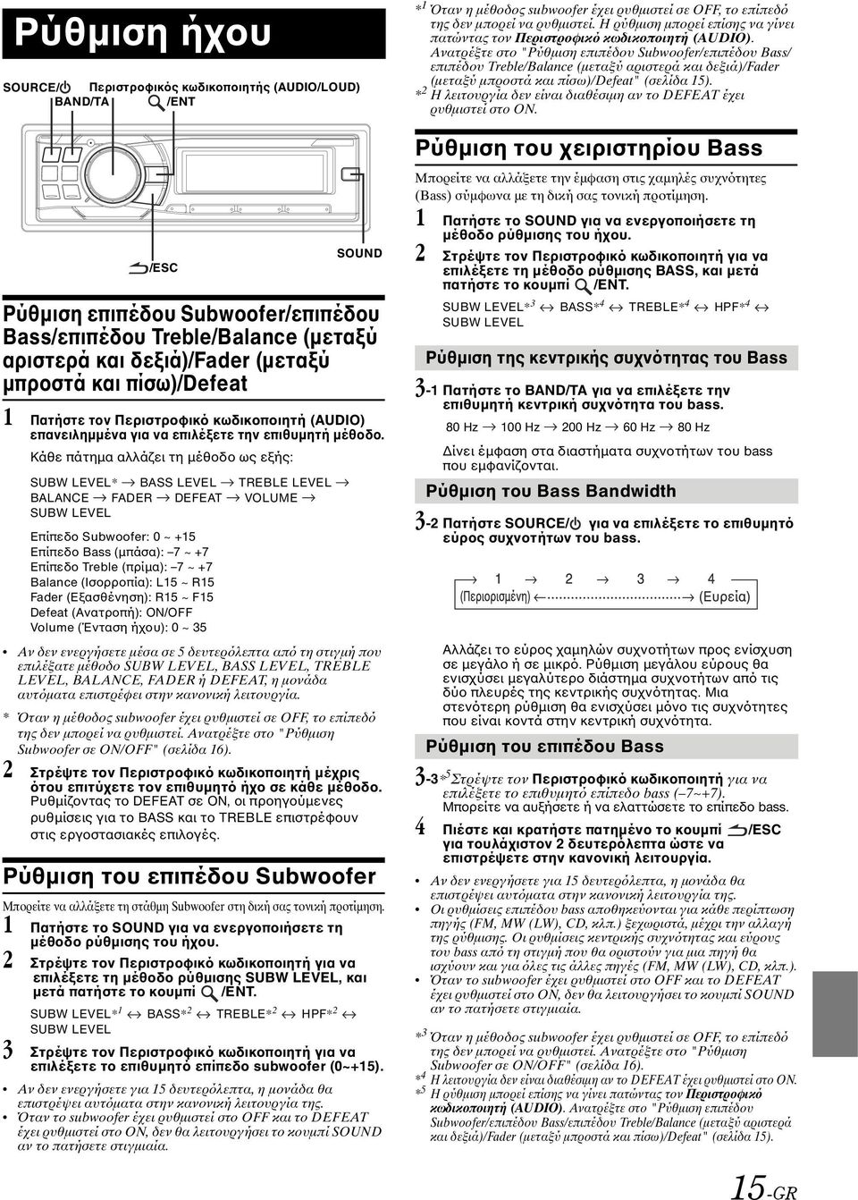 Κάθε πάτηµα αλλάζει τη µέθοδο ως εξής: SUBW LEVEL* BASS LEVEL TREBLE LEVEL BALANCE FADER DEFEAT VOLUME SUBW LEVEL Επίπεδο Subwoofer: 0 ~ +15 Επίπεδο Bass (µπάσα): 7 ~ +7 Επίπεδο Treble (πρίµα): 7 ~