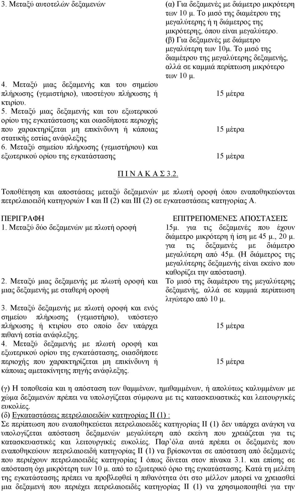 Μεταξύ µιας δεξαµενής και του σηµείου πλήρωσης (γεµιστήριο), υποστέγου πλήρωσης ή 15 µέτρα κτιρίου. 5.