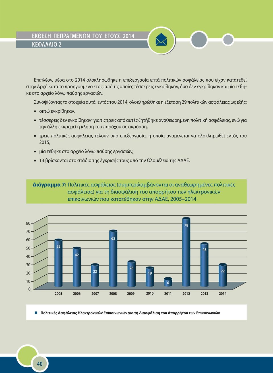 Συνοψίζοντας τα στοιχεία αυτά, εντός του 2014, ολοκληρώθηκε η εξέταση 29 πολιτικών ασφάλειας ως εξής: οκτώ εγκρίθηκαν, τέσσερεις δεν εγκρίθηκαν για τις τρεις από αυτές ζητήθηκε αναθεωρημένη πολιτική