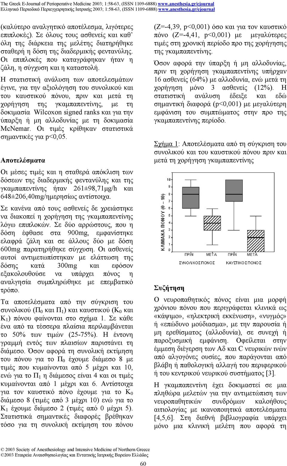 Η στατιστική ανάλυση των αποτελεσµάτων έγινε, για την αξιολόγηση του συνολικού και του καυστικού πόνου, πριν και µετά τη χορήγηση της γκαµπαπεντίνης, µε τη δοκιµασία Wilcoxon signed ranks και για την