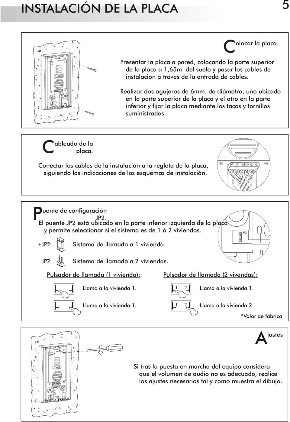 C ableado de la placa. Conectar los cables de la instalación a la regleta de la placa, siguiendo las indicaciones de los esquemas de instalación. P uente de configuración.