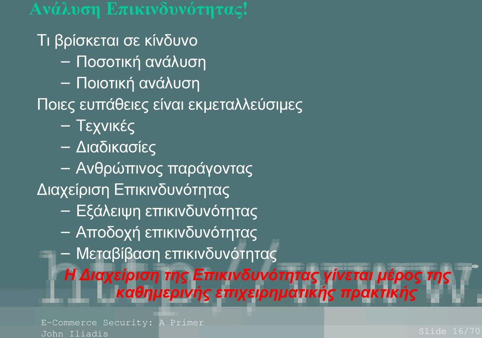 εκμεταλλεύσιμες Τεχνικές Διαδικασίες Ανθρώπινος παράγοντας Διαχείριση Επικινδυνότητας